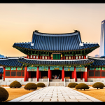 **

A wide shot of Gyeongbokgung Palace in Seoul, South Korea. Focus on the traditional Korean architecture and vibrant colors of the palace. In the background, show modern Seoul skyscrapers blending with the historic setting. Capture the essence of tradition meeting modernity.

**