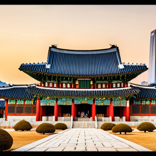 Home 4 **
A wide shot of Gyeongbokgung Palace in Seoul, South Korea. Focus on the traditional Korean architecture and vibrant colors of the palace. In the background, show modern Seoul skyscrapers blending with the historic setting. Capture the essence of tradition meeting modernity.
**
