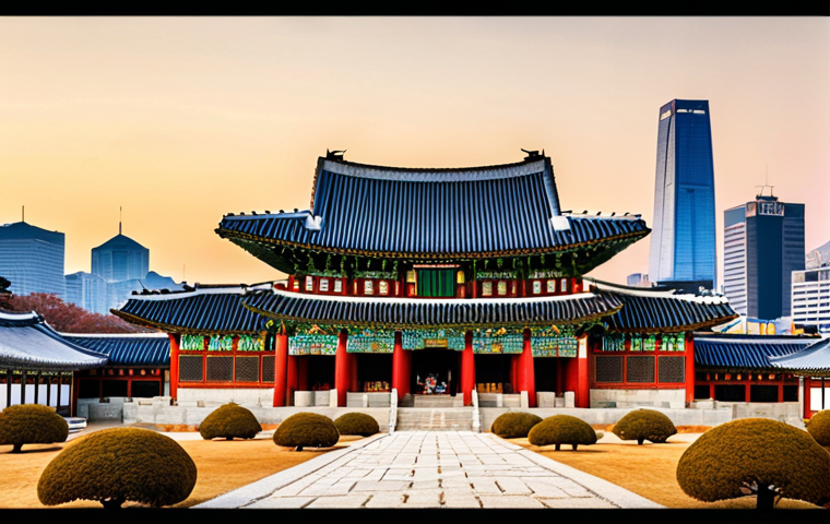 **
A wide shot of Gyeongbokgung Palace in Seoul, South Korea. Focus on the traditional Korean architecture and vibrant colors of the palace. In the background, show modern Seoul skyscrapers blending with the historic setting. Capture the essence of tradition meeting modernity.
**
