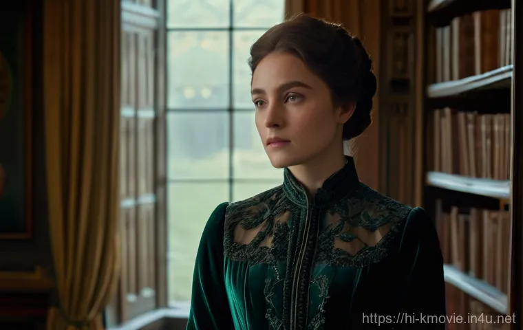 박찬욱 감독의 명작 영화 - **Prompt 1: Mysterious Gaze in an Ornate Setting**
A finely detailed cinematic portrait of a wom...