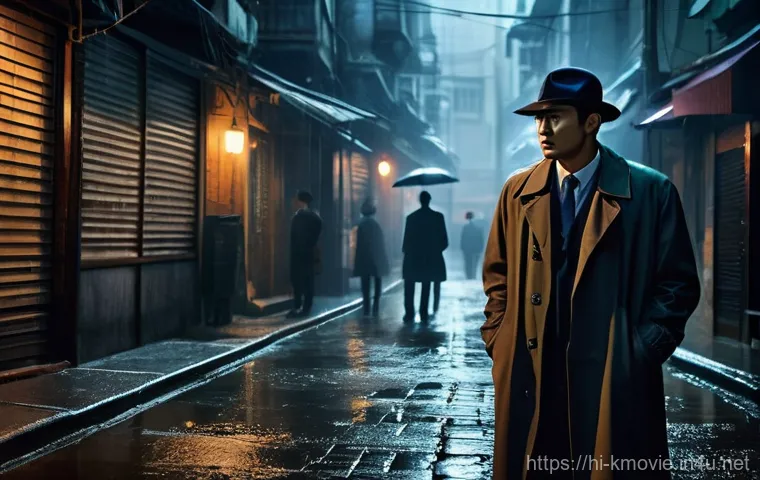 한국 영화 추천 TOP 10 - **Prompt: "A suspenseful scene in a dimly lit, narrow alleyway in a bustling Korean city at night. R...